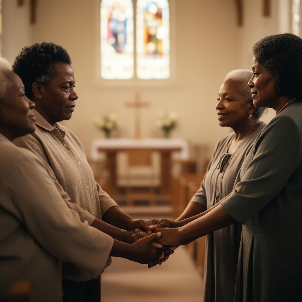 A family gathered in quiet support inside a softly lit chapel