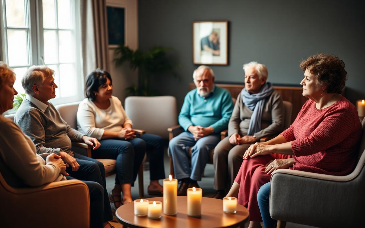 A grief support circle of community members in a softly lit room